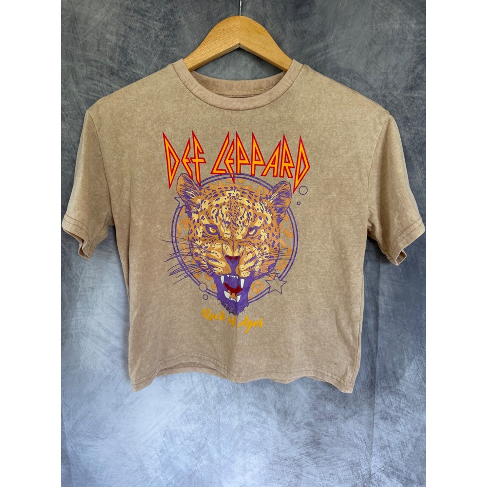 Def Leppard Rock of Ages Graphic T-Shirt Tan Mineral Wash Women Small